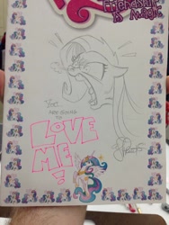 Size: 768x1024 | Tagged: safe, artist:andypriceart, character:fluttershy, character:princess celestia, flutterrage, snorting, traditional art, you're going to love me