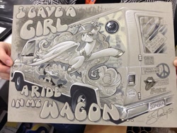 Size: 1024x768 | Tagged: safe, artist:andypriceart, character:princess celestia, character:star swirl the bearded, epic, license plate, monochrome, traditional art, van