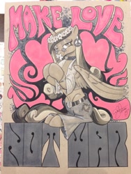 Size: 768x1024 | Tagged: safe, artist:andypriceart, character:princess cadance, bedroom eyes, belt, choker, clothing, earring, flower, glasses, hippie, looking at you, love, make love not war, pants, patchwork, piercing, pink, sagging, smelling, smiling, solo, traditional art, war