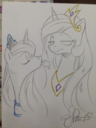 Size: 600x800 | Tagged: safe, artist:andypriceart, character:princess celestia, character:princess luna, blep, celestia is not amused, eyes closed, frown, looking at you, raspberry, tongue out, traditional art, unamused