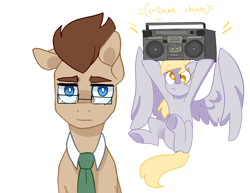 Size: 1148x888 | Tagged: safe, artist:buljong, character:derpy hooves, character:doctor whooves, character:time turner, species:earth pony, species:pegasus, species:pony, ask, ask doctor whooves, background pony, boombox, boombox serenade, descriptive noise, female, glasses, male, mare, necktie, serenade, stallion, tumblr, you're doing it wrong