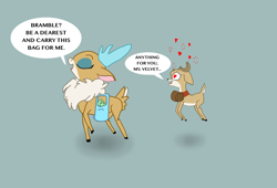 Size: 1024x698 | Tagged: safe, artist:chiptunebrony, community related, idw, character:bramble, character:velvet reindeer, species:deer, species:reindeer, them's fightin' herds, crossover, crossover shipping, fawn, male, shipping, size difference, smaller male