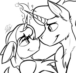 Size: 676x649 | Tagged: safe, artist:ralek, idw, character:king sombra, character:radiant hope, species:crystal pony, species:pony, ship:hopebra, black and white, boop, female, grayscale, heart, magic, male, noseboop, shipping, sketch, straight