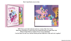 Size: 1654x960 | Tagged: safe, idw, character:applejack, character:pinkie pie, character:princess cadance, character:princess celestia, character:queen chrysalis, character:rainbow dash, character:twilight sparkle, species:changeling, changeling queen, comic, comic book, female, king zebra, terry, text