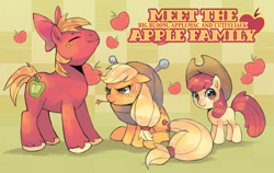 Size: 2169x1372 | Tagged: dead source, safe, artist:suikuzu, character:apple bloom, character:applejack, character:big mcintosh, species:earth pony, species:pony, accessory swap, adobe imageready, apple, apple bloom's bow, apple siblings, apple sisters, applejack is not amused, applejack's hat, bow, clothing, eyes closed, family, female, filly, foal, get, hair bow, hat, horse collar, index get, male, mare, siblings, sisters, stallion, straw in mouth, sweat, trio, unamused