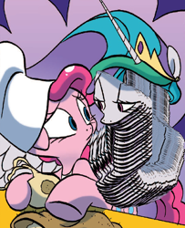 Size: 604x743 | Tagged: safe, edit, idw, character:pinkie pie, character:princess celestia, are you frustrated?, meme, snakelestia