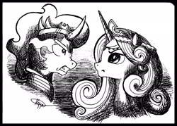 Size: 2271x1623 | Tagged: safe, artist:katesmith2001, idw, character:king sombra, character:princess amore, fiendship is magic, monochrome