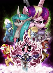 Size: 1169x1603 | Tagged: safe, artist:saturdaymorningproj, idw, character:derpy hooves, character:gilda, character:good king sombra, character:king sombra, character:maud pie, character:princess cadance, character:queen chrysalis, character:sunset shimmer, character:trixie, species:alicorn, species:changeling, species:griffon, species:pony, comic:of kings and changelings, bright eyes (mirror universe), comic, evil cadance, former good king sombra, mirror universe, race swap, reversalis, semi-grimdark series, trixiecorn