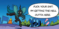 Size: 695x343 | Tagged: safe, edit, idw, character:queen chrysalis, species:changeling, dialogue, fuck your shit, solo, vulgar