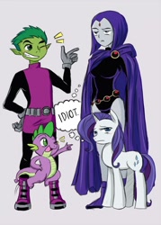 Size: 650x907 | Tagged: safe, artist:keterok, character:rarity, character:spike, species:dragon, species:pony, species:unicorn, beast boy, crossover, eyeroll, female, male, mare, one eye closed, raven (teen titans), teen titans, wink