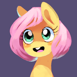 Size: 512x512 | Tagged: safe, artist:karzahnii, character:fluttershy, species:pony, alternate hairstyle, blushing, bucktooth, cute, diabetes, female, filly, happy, open mouth, short hair, shyabetes, smiling, solo, younger