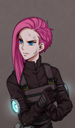 Size: 499x849 | Tagged: safe, artist:apzzang, character:pinkamena diane pie, character:pinkie pie, species:human, episode:the cutie re-mark, alternate timeline, apinkalypse pie, crystal war timeline, female, humanized, pixiv, solo