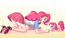 Size: 960x560 | Tagged: safe, artist:apzzang, character:pinkie pie, species:earth pony, species:human, species:pony, all fours, breasts, clothing, cute, cutie mark, diapinkes, eye contact, face down ass up, female, gradient background, high heels, human ponidox, humanized, looking at each other, mare, midriff, open mouth, shirt, shoes, skirt, smiling, t-shirt