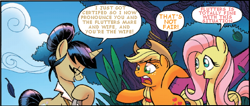 Size: 576x244 | Tagged: safe, artist:tonyfleecs, edit, idw, character:applejack, character:fluttershy, ship:appleshy, comic, female, lesbian, nosey news, quill (character), shipping, text edit