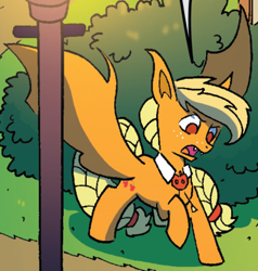 Size: 393x413 | Tagged: safe, idw, official comic, character:applejack, species:bat pony, species:pony, applebat, braid, braided tail, cropped, female, mare, night of the living apples, outfit catalog, race swap, raised hoof, solo, spread wings, wings