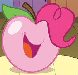 Size: 260x250 | Tagged: safe, idw, character:pinkie pie, apple, apple pinkie, food, living apple, night of the living apples, open mouth, outfit catalog, smiling, solo, species swap, what has science done