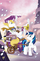 Size: 755x1147 | Tagged: safe, artist:tonyfleecs, idw, character:prince blueblood, character:shining armor, carriage, comic cover, cover, musical instrument, snow, snowfall, trumpet