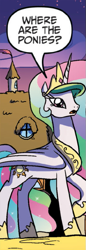 Size: 263x763 | Tagged: safe, idw, character:princess celestia, species:alicorn, species:pony, confused, dialogue, frown, open mouth, question, raised hoof, reaction image, solo, speech bubble