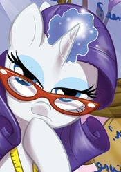 Size: 432x616 | Tagged: safe, artist:amy mebberson, idw, character:rarity, bedroom eyes, comic, cropped, faec, glasses, looking at you, rare pepe, smiling