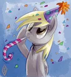 Size: 595x649 | Tagged: safe, artist:whitediamonds, character:derpy hooves, species:pegasus, species:pony, g4, :t, clothing, confetti, cute, derpabetes, female, hat, mare, party hat, party horn, picasa, salute, solo