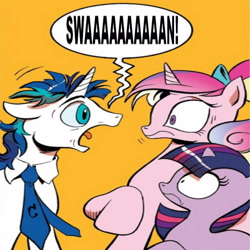 Size: 5400x5400 | Tagged: safe, idw, character:princess cadance, character:shining armor, character:twilight sparkle, absurd resolution, dialogue, exploitable, exploitable meme, fallout 4, meme, necktie, obligatory pony, screaming armor, speech bubble, swan, wrong aspect ratio, younger