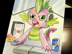 Size: 500x375 | Tagged: safe, artist:jiayi, character:spike, species:dragon, chips, computer, computer mouse, copic, energy drink, food, gamer spike, headphones, keyboard, male, marker drawing, open mouth, photo, red bull, solo, traditional art, video game