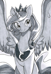 Size: 754x1090 | Tagged: safe, artist:jiayi, character:princess luna, species:alicorn, species:pony, copic, female, grayscale, mare, marker drawing, monochrome, simple background, solo, spread wings, traditional art, white background, wings