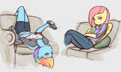 Size: 1955x1172 | Tagged: safe, artist:poptart36, character:fluttershy, character:rainbow dash, species:anthro, couch, juice box, remote, upside down