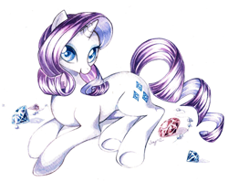 Size: 1258x1000 | Tagged: safe, artist:jiayi, character:rarity, species:pony, species:unicorn, diamond, female, gem, jewel, jewelry, looking at you, lying down, mare, necklace, pearl, pearl necklace, simple background, solo, traditional art