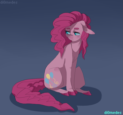 Size: 907x850 | Tagged: safe, artist:buljong, character:pinkie pie, blushing, cute, eyebrows, floppy ears, fluffy, frown, looking away, sad, sitting, solo, thick eyebrows