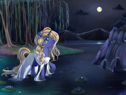 Size: 1280x960 | Tagged: safe, artist:jiayi, oc, oc only, oc:starry dreams, species:pony, species:unicorn, clothing, dress, full moon, looking up, night, pond, solo, water, water lily