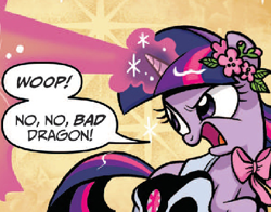 Size: 408x320 | Tagged: safe, artist:brendahickey, idw, character:twilight sparkle, bad dragon, beam, comic, filly, filly twilight sparkle, implied spike, magic, out of context, solo