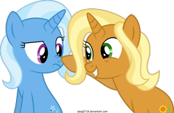 Size: 5968x3887 | Tagged: safe, artist:adog0718, idw, character:sunflower spectacle, character:trixie, species:pony, species:unicorn, g4, absurd resolution, boop, cute, female, frown, grin, idw showified, mare, scrunchy face, simple background, smiling, squee, transparent background, vector