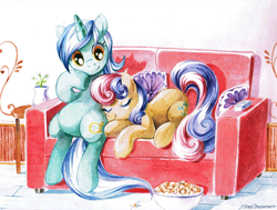 Size: 1224x927 | Tagged: dead source, safe, artist:jiayi, character:bon bon, character:lyra heartstrings, character:sweetie drops, species:earth pony, species:pony, species:unicorn, ship:lyrabon, couch, female, food, lesbian, painting, popcorn, shipping, sitting, sitting lyra, sleeping, traditional art, watercolor painting