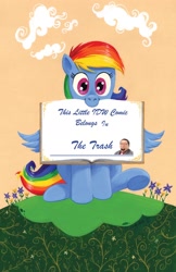 Size: 1400x2154 | Tagged: safe, edit, idw, character:penn jillette, character:rainbow dash, book belongs to, c:, cute, dashabetes, into the trash it goes, looking at you, meme, mouth hold, mouthpiece, nom, smiling, spread wings, underhoof, wings