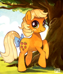 Size: 1014x1178 | Tagged: safe, artist:suikuzu, character:applejack (g1), species:earth pony, species:pony, g1, bow, g1 to g4, generation leap, looking at you, raised hoof, rearing, smiling, solo, tail bow, under the tree