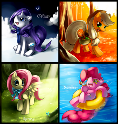 Size: 1000x1052 | Tagged: safe, artist:jiayi, character:applejack, character:fluttershy, character:pinkie pie, character:rarity, species:earth pony, species:pegasus, species:pony, species:unicorn, apple, autumn, basket, bow tie, female, flower, food, inner tube, mare, seasons, snow, spring, summer, sunglasses, water, winter
