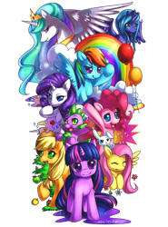 Size: 1024x1387 | Tagged: safe, artist:jiayi, character:angel bunny, character:applejack, character:fluttershy, character:pinkie pie, character:princess celestia, character:princess luna, character:rainbow dash, character:rarity, character:spike, character:twilight sparkle, species:alicorn, species:dragon, species:earth pony, species:pegasus, species:pony, species:unicorn, balloon, cloud, female, male, mane seven, mane six, mare, rainbow, s1 luna, simple background, transparent background