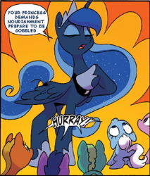 Size: 367x431 | Tagged: safe, artist:jay fosgitt, edit, idw, character:princess luna, comic, dialogue, gobbled, imminent vore, ponies eating ponies, text edit, willing vore