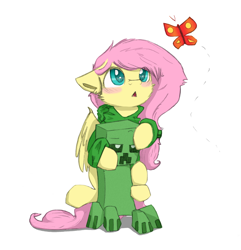Size: 1280x1327 | Tagged: safe, artist:longren, artist:suplolnope, edit, character:fluttershy, blush sticker, blushing, butterfly, clothing, color edit, colored, creeper, creepershy, cute, hoodie, minecraft, simple background