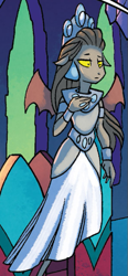 Size: 295x637 | Tagged: safe, idw, official comic, character:queen haydon, species:gargoyle, g4, clothing, cropped, crown, dress, ear piercing, earring, female, gown, jewelry, piercing, regalia, solo
