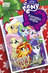Size: 988x1500 | Tagged: safe, idw, character:applejack, character:fluttershy, character:pinkie pie, character:rainbow dash, character:rarity, character:sunset shimmer, my little pony:equestria girls, clothing, happy holidays, hat, santa hat, tongue out