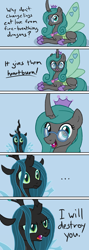 Size: 1000x2814 | Tagged: safe, artist:arrkhal, idw, character:queen chrysalis, species:changeling, species:pony, ..., bad pun, blue background, chrysalis encounters herself, comic, duo, female, frown, glare, glasses, joke, looking at you, mare, open mouth, prone, pun, reversalis, self ponidox, simple background, smiling, wide eyes