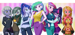 Size: 1600x753 | Tagged: safe, artist:uotapo, idw, character:babs seed, character:dean cadance, character:limestone pie, character:marble pie, character:princess cadance, character:princess celestia, character:princess luna, character:principal celestia, character:sunflower, character:twilight sparkle, character:twilight sparkle (scitwi), character:vice principal luna, species:eqg human, my little pony:equestria girls, adorababs, armpits, belly button, blushing, breasts, busty princess cadance, busty princess celestia, cleavage, clothing, colored pupils, cute, cutedance, dragon ball, dragon ball (object), dragon ball z, equestria girls-ified, female, glasses, hair over one eye, hug, limabetes, long hair, low rise jeans, marblebetes, midriff, onee-sama, pleated skirt, ponytail, sister-in-law, sisters, skirt, smiling, socks, tank top, thigh highs, uotapo is trying to murder us, vice principal luna, wall of tags, zettai ryouiki