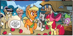 Size: 1187x600 | Tagged: safe, artist:tonyfleecs, idw, official comic, character:apple bloom, character:applejack, character:spike, species:dragon, species:earth pony, species:pony, species:unicorn, apple, applegekko, cropped, cutie mark, dialogue, donaldjack, female, filly, foal, food, male, mare, marian, nosey news, ponies of dark water, praiser pan, quill (character), raised hoof, speech bubble, stallion, the cmc's cutie marks