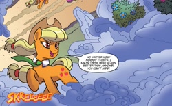 Size: 1400x868 | Tagged: safe, artist:tonyfleecs, idw, official comic, character:applejack, species:earth pony, species:pony, cropped, dialogue, donaldjack, evil, female, fog, mare, necktie, ponies of dark water, raised hoof, speech bubble