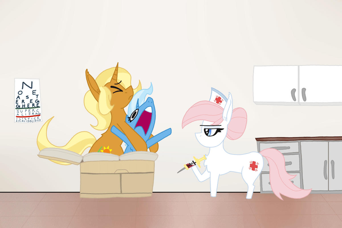 Size: 1200x800 | Tagged: safe, artist:dragonpone, derpibooru original, idw, character:nurse redheart, character:sunflower spectacle, character:trixie, species:earth pony, species:pony, species:unicorn, g4, :t, animated, chest fluff, cute, diatrixes, doctor's office, ear fluff, eye chart, eyes closed, faec, fear, featured on derpibooru, female, filly, flailing, fluffy, frown, holding, hoof hold, lidded eyes, mare, mary poppins, needle, needle phobia, open mouth, running, running in place, scared, screaming, scrunchy face, squirming, supercalifragilisticexpialidocious, syringe, tail, tail pull, trio, trypanophobia, unamused, wide eyes
