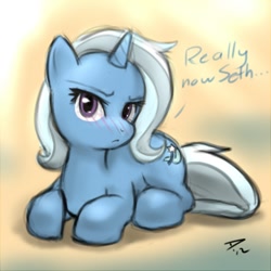 Size: 1000x1000 | Tagged: safe, artist:atticus83, character:trixie, species:pony, species:unicorn, annoyed, cute, diatrixes, female, gradient background, mare, prone, sethisto, solo