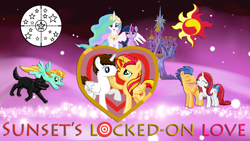 Size: 3000x1688 | Tagged: safe, artist:majkashinoda626, idw, character:flash sentry, character:lightning dust, character:moondancer, character:princess celestia, character:sunset shimmer, character:twilight sparkle, character:twilight sparkle (alicorn), oc, oc:prince lockon astros, species:alicorn, species:pony, species:wolf, ship:flashdancer, my little pony:equestria girls, alicornified, canon x oc, crack shipping, fanfic art, female, male, moonflash, race swap, sentrydancer, shimmercorn, shipping, straight, sunset's locked on love