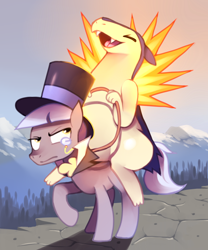 Size: 1280x1536 | Tagged: safe, artist:karzahnii, character:caesar, species:earth pony, species:pony, clothing, crossover, duo, hat, male, monocle, mountain, pokémon, pokémon riding ponies, reins, riding, stallion, top hat, typhlosion, unamused, wat